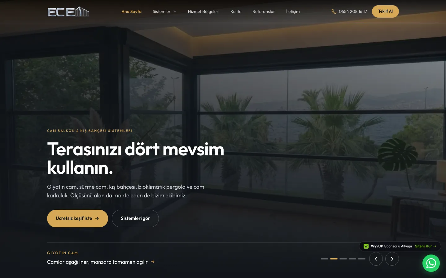 Ecem Cam Balkon sitesinin açılış ekranı