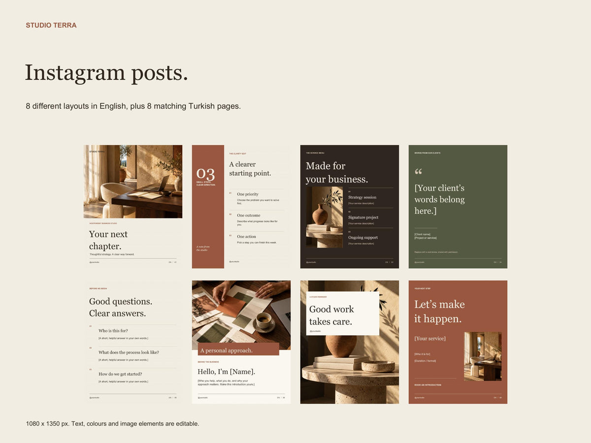 Service Business Canva Templates, Instagram Posts, Stories and Workbook, English and Turkish