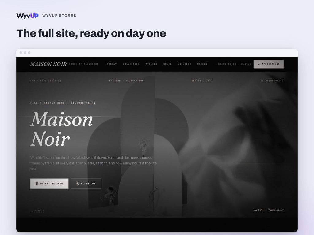 Fashion Brand Website Template | Tailor & Boutique Lookbook Site | Lovable AI Editable React Template | Runway Gallery