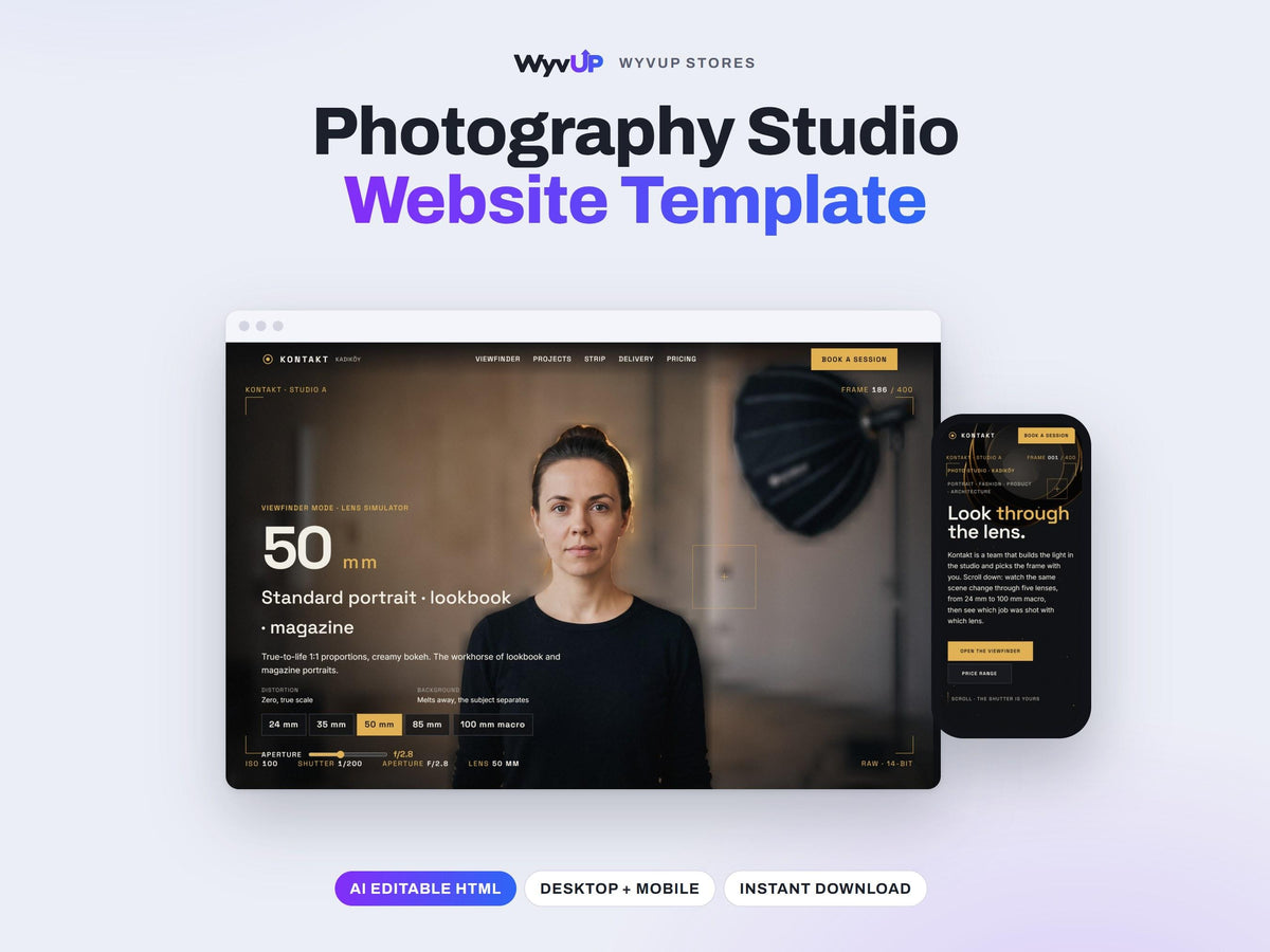 Photography Studio Website Template | Photographer Portfolio & Booking Site | AI Editable HTML Template | Lens Simulator