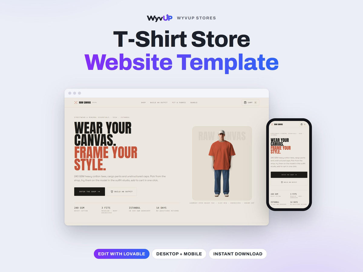 T-Shirt Store Website Template | Clothing Brand & Streetwear Shop Site | Lovable AI Editable React Template | Outfit Builder