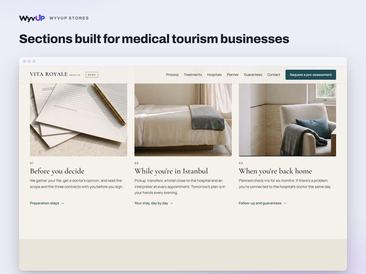 Medical Tourism Website Template | Health Travel Agency & Clinic Site | AI Editable HTML Template | Treatment Pages