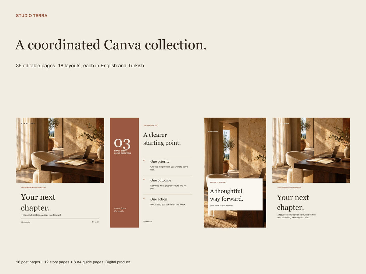Service Business Canva Templates, Instagram Posts, Stories and Workbook, English and Turkish