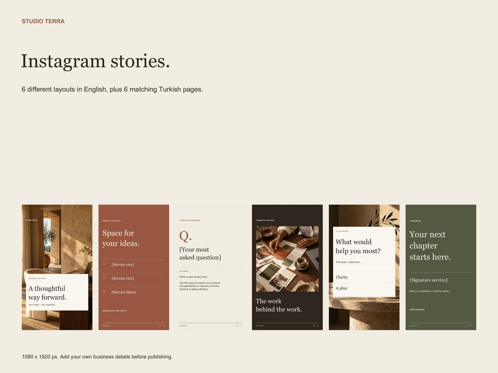 Service Business Canva Templates, Instagram Posts, Stories and Workbook, English and Turkish
