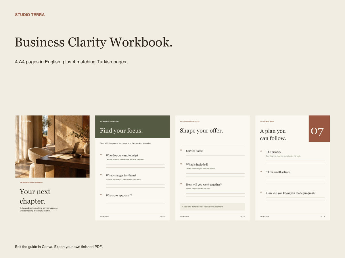 Service Business Canva Templates, Instagram Posts, Stories and Workbook, English and Turkish