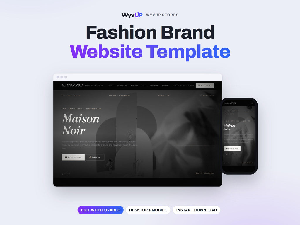 Fashion Brand Website Template | Tailor & Boutique Lookbook Site | Lovable AI Editable React Template | Runway Gallery