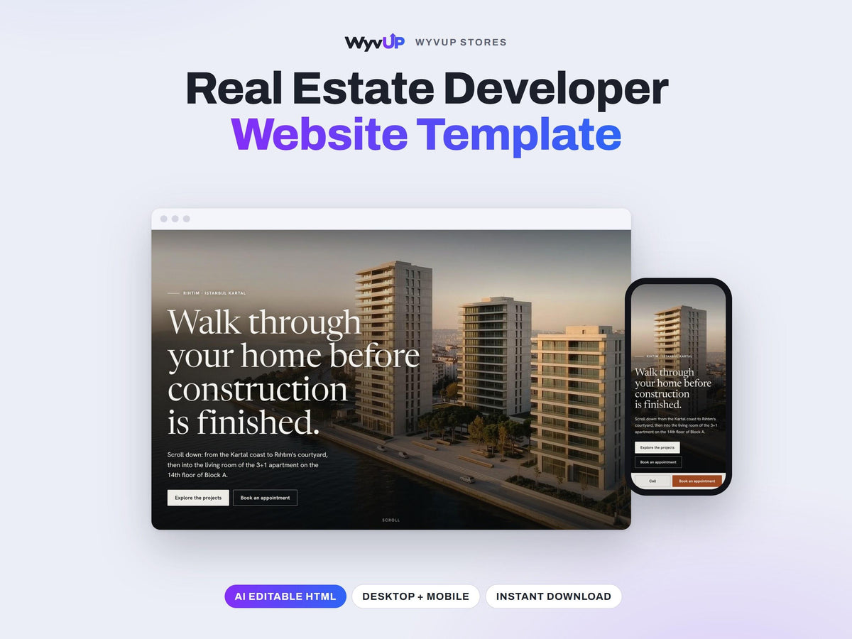 Real Estate Developer Website Template | Housing Project & Apartment Sales Site | AI Editable HTML Template | 360 Tours