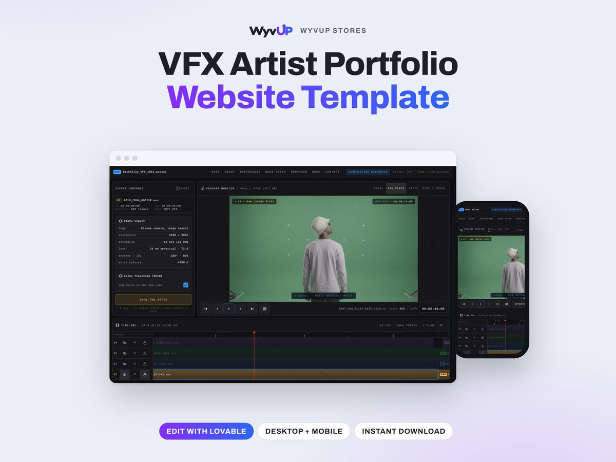 VFX Artist Portfolio Website Template | Video Editor & Showreel Site | Lovable AI Editable React Template | Interactive Keyer