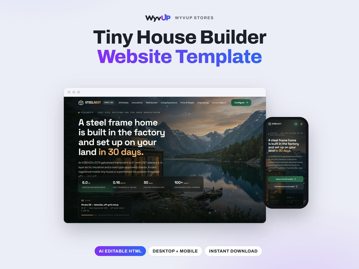 Tiny House Builder Website Template | Modular & Prefab Home Site | AI Editable HTML Template | 3D Models