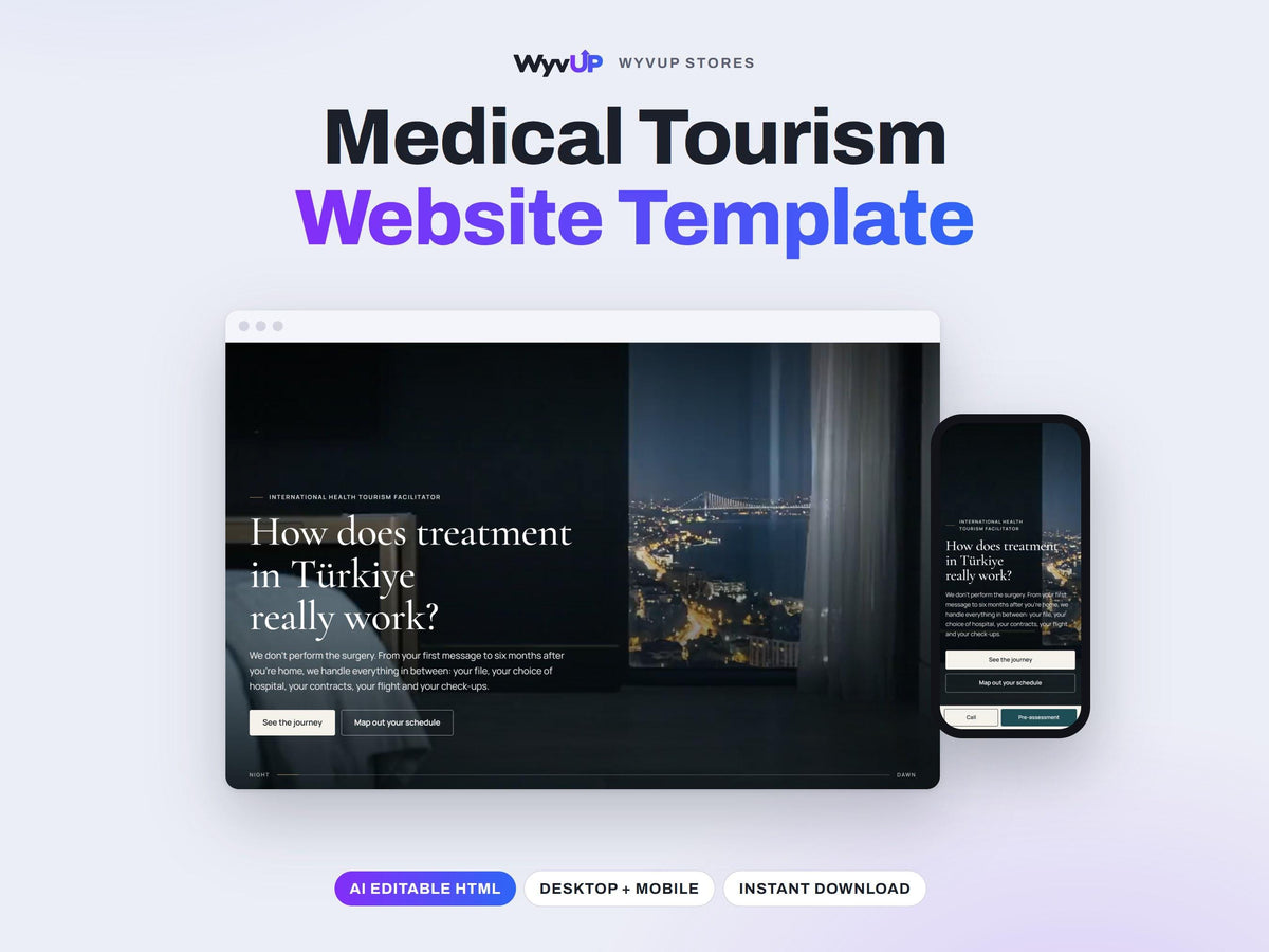 Medical Tourism Website Template | Health Travel Agency & Clinic Site | AI Editable HTML Template | Treatment Pages