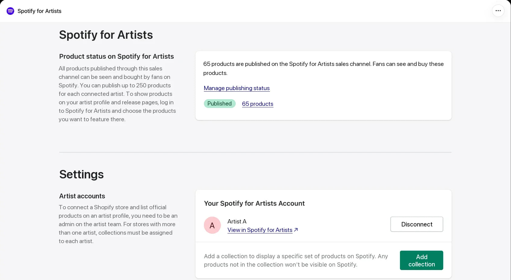 Shopify yönetim panelinde Spotify for Artists satış kanalı: 65 ürün yayında