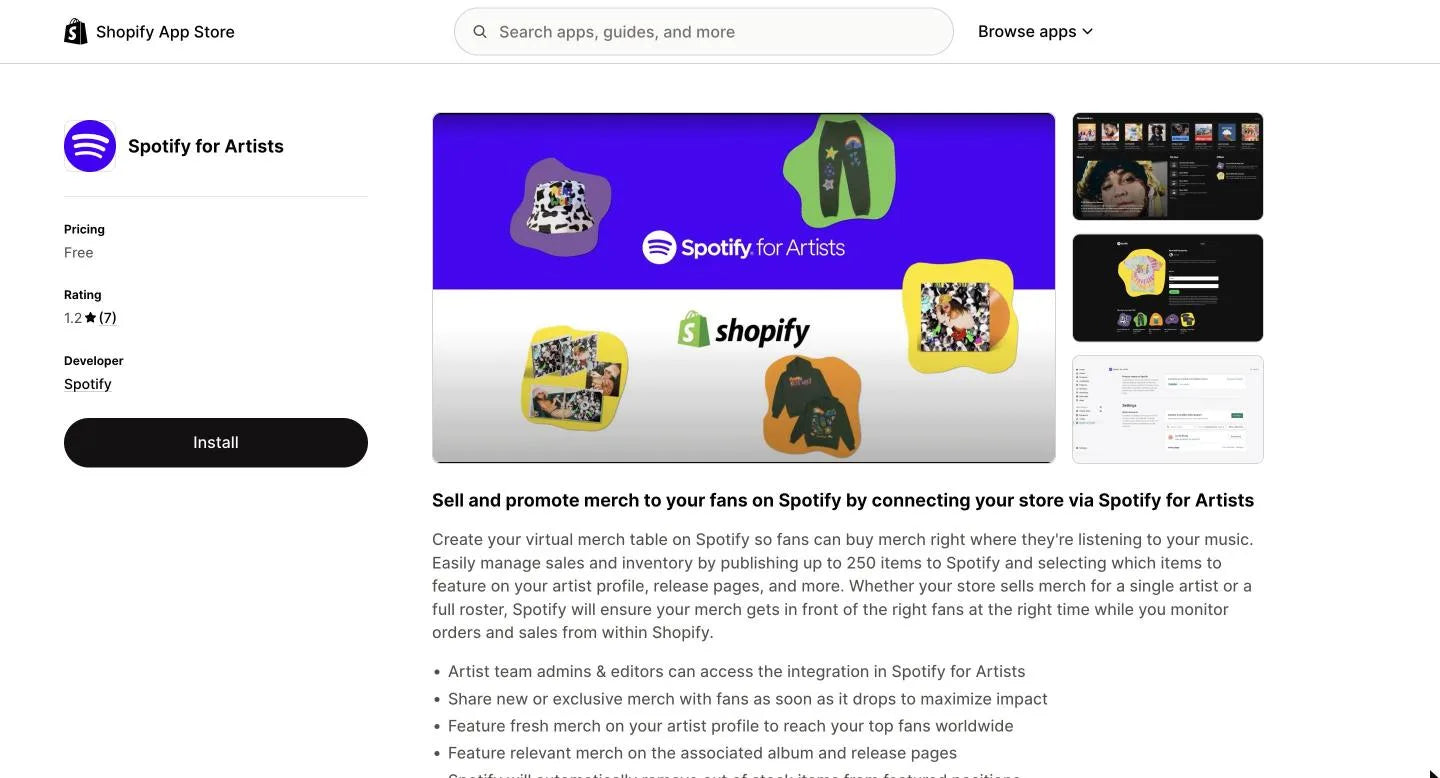 Shopify App Store’da Spotify for Artists uygulaması