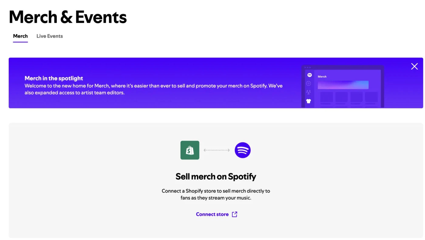 Spotify for Artists Merch sayfasında Shopify mağazası bağlantısı