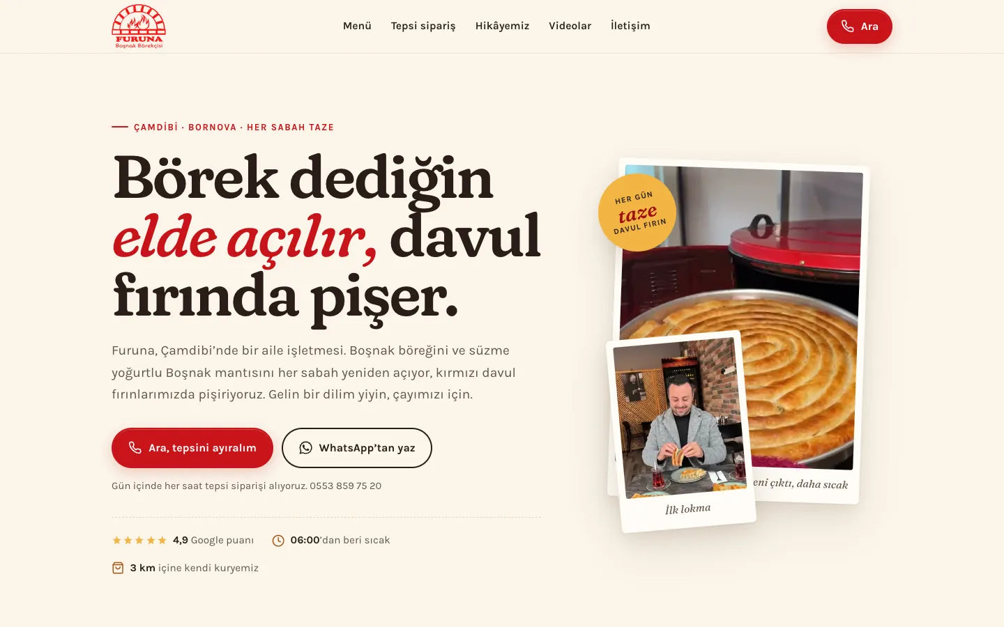 Furuna Boşnak Börekçisi sitesinin açılış ekranı