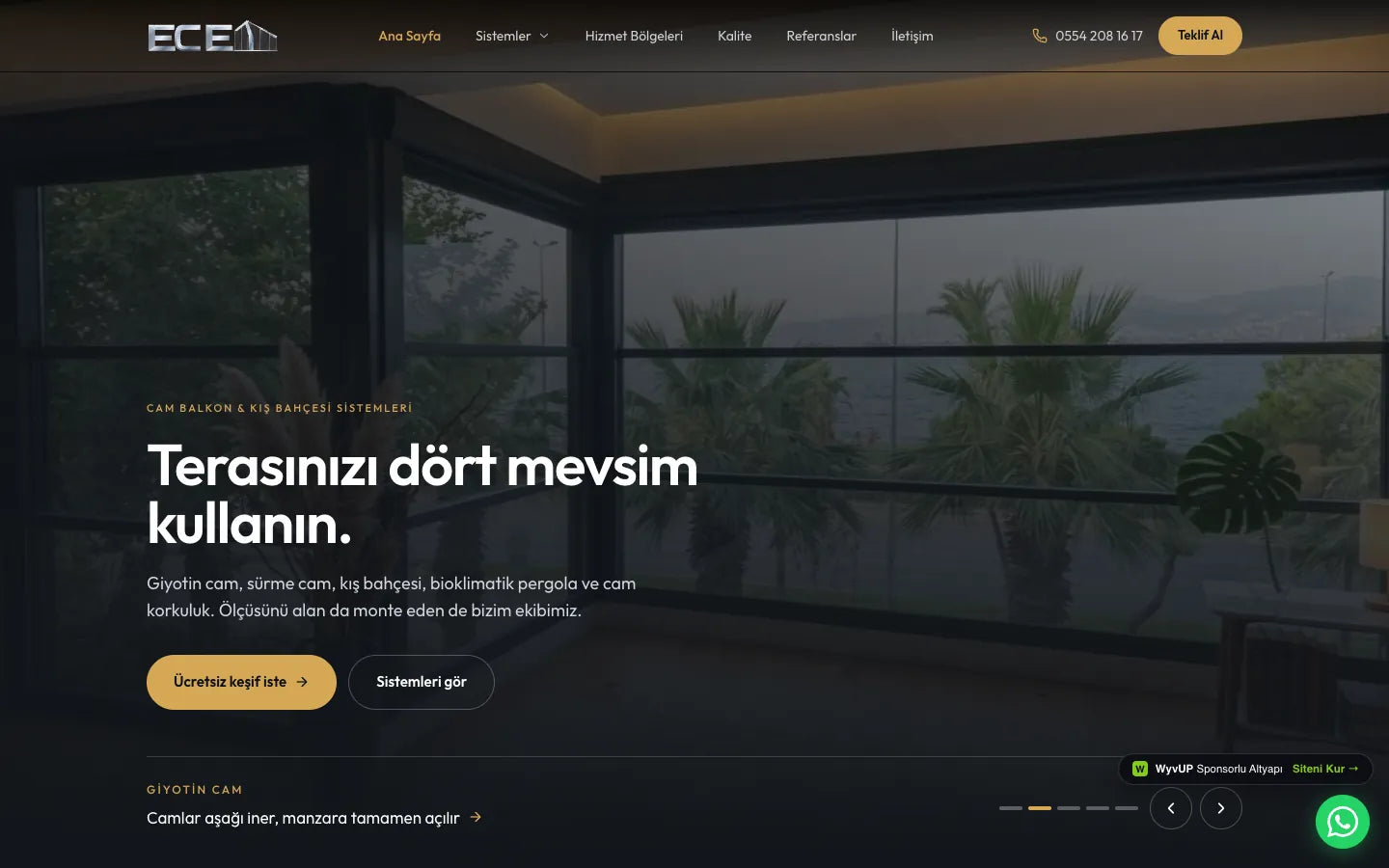Ecem Cam Balkon sitesinin açılış ekranı